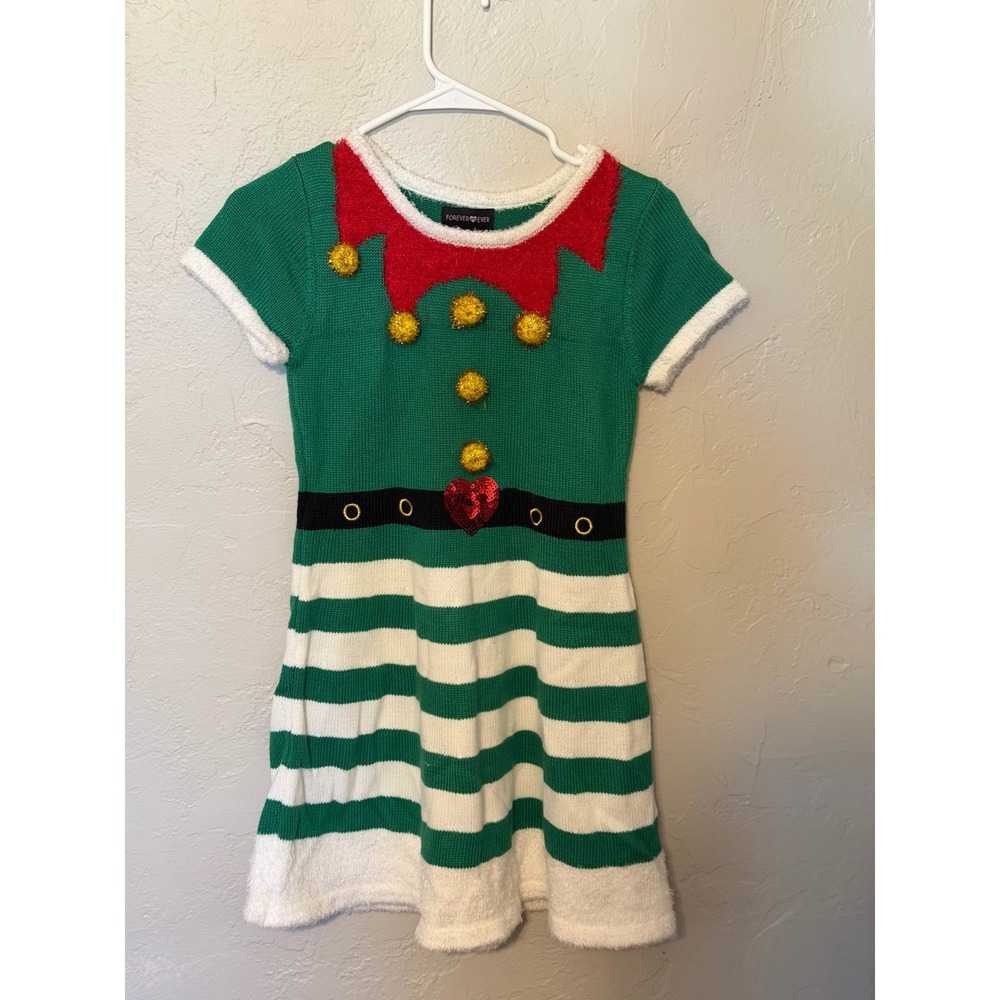 Forever and Ever Girls Green Elf Holiday Sweater Dress Size L 14 Christmas Knit